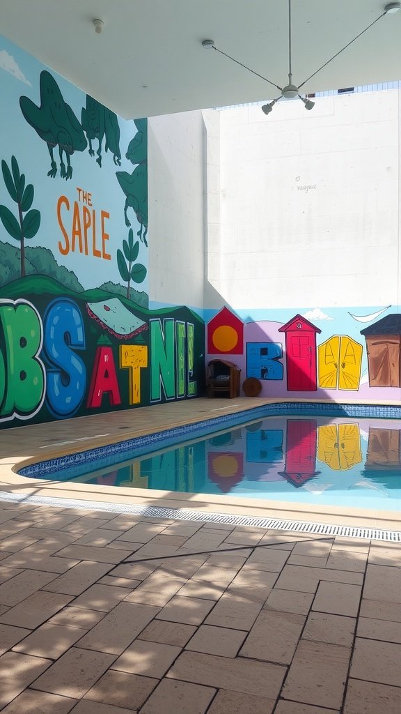 Colorful poolside murals and decor creating a lively atmosphere around the pool