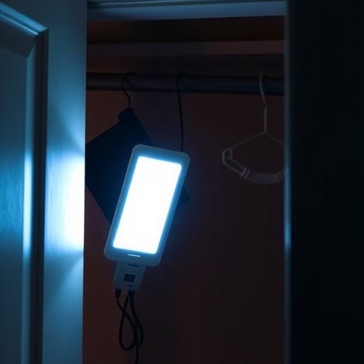 Battery-operated stick-on light hanging in a closet.