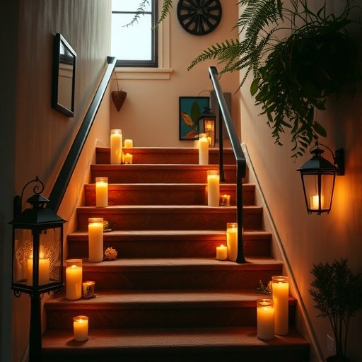 A staircase adorned with candle lanterns and candles creating a cozy ambiance.