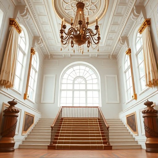 A grand staircase with a chandelier and tall windows, showcasing elegant design.