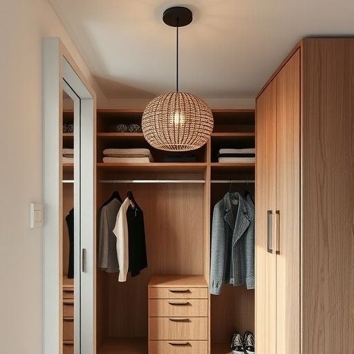 A chic pendant light hangs in a wooden closet, illuminating folded clothes and a mirror.