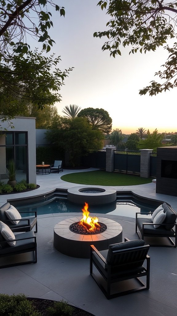 A sunken lounge area with a firepit surrounded by chairs, near a pool with greenery in the background.