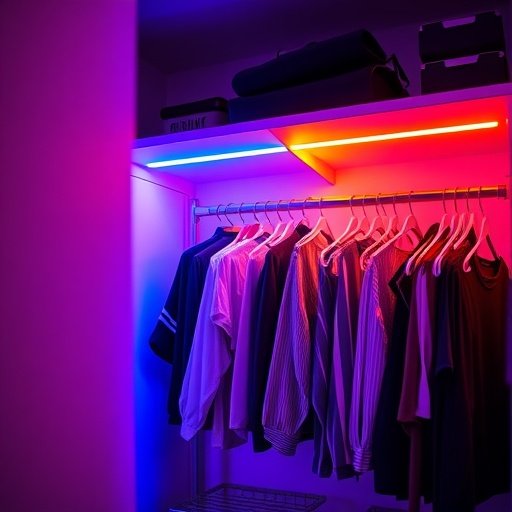 A colorful closet with color-changing LED strips illuminating the clothes.