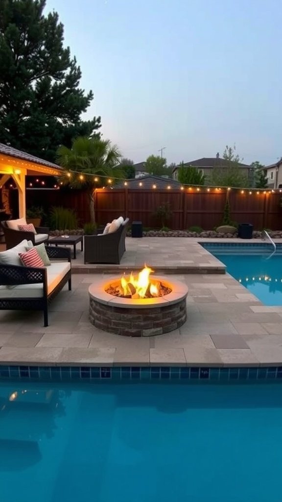 A cozy fire pit lounge by a pool with comfortable seating and string lights.