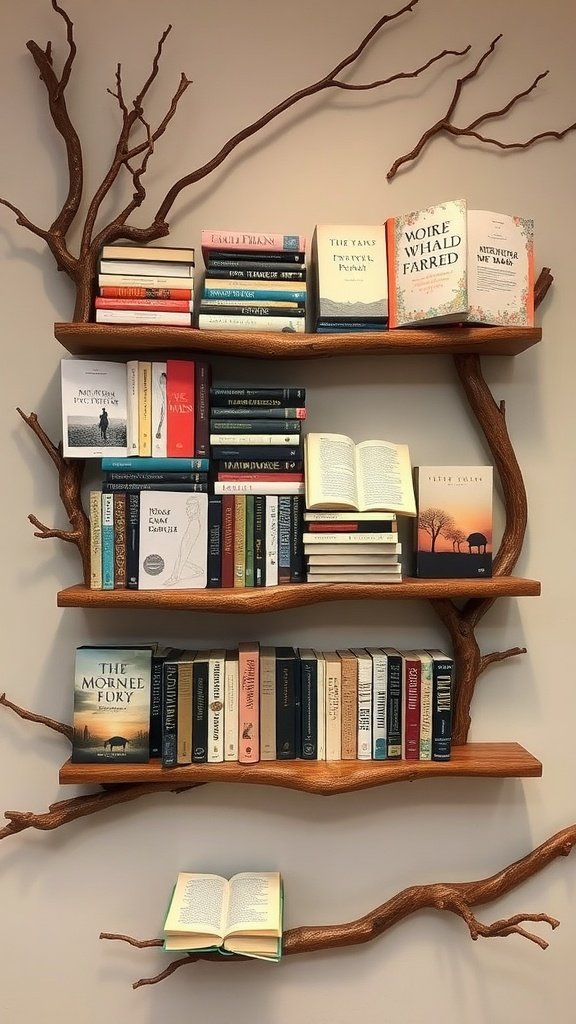 A unique tree branch bookshelf displaying various books in a creative and casual arrangement.