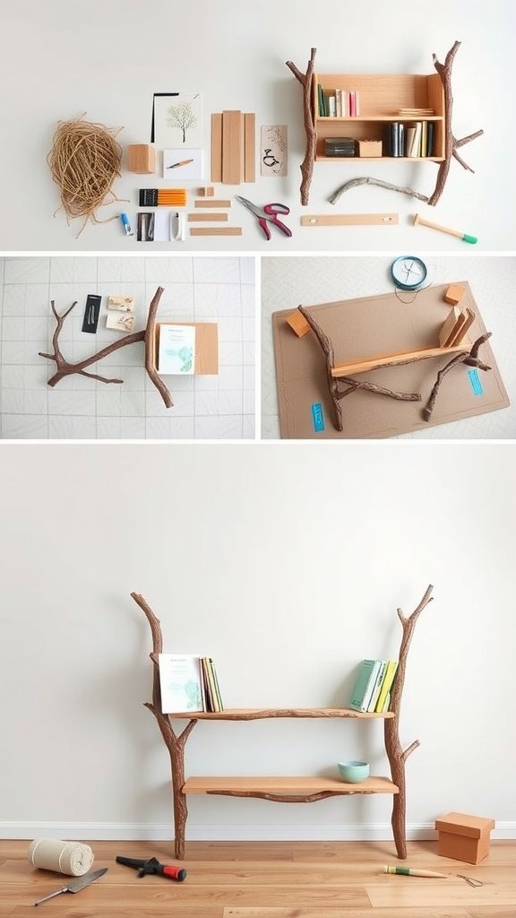 DIY tree branch bookshelf with materials laid out and finished design on a wall