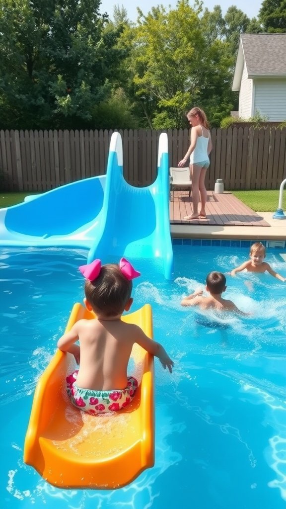 A child sliding down a colorful water slide into a pool while other children swim nearby.