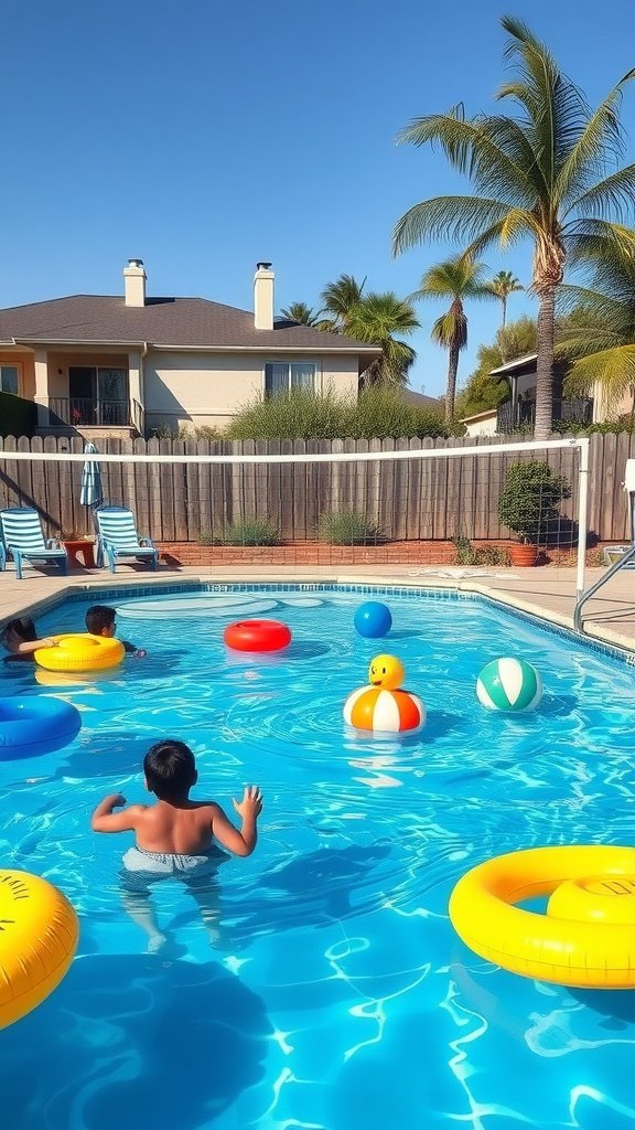 A lively pool scene showing children playing with colorful floats and balls on a sunny day