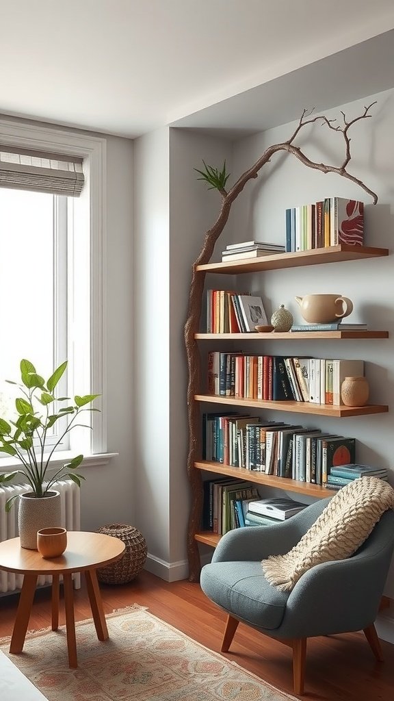 A tree branch bookshelf with books and decorative items, enhancing a cozy living space.