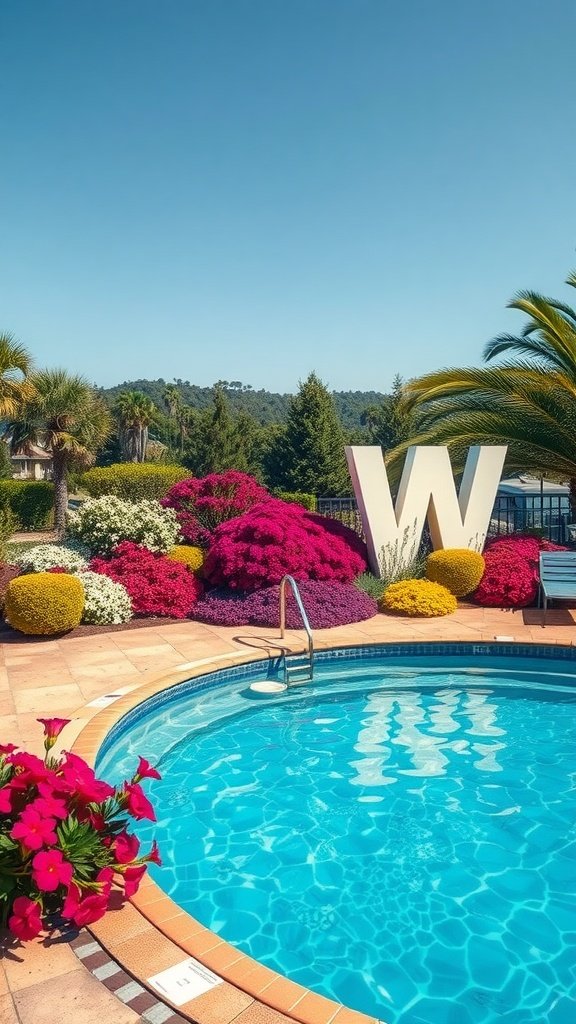 A vibrant poolside scene with colorful flowers and a clear blue sky.