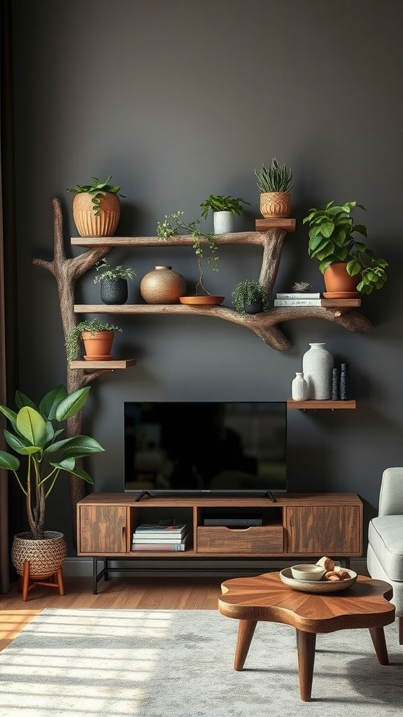 A stylish tree branch bookshelf with various plants and decorative items.