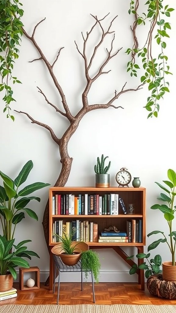 A creative tree branch bookshelf with plants around it, blending nature and functionality.