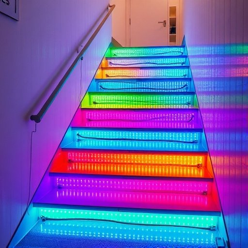 Colorful LED strip lights illuminating a staircase.
