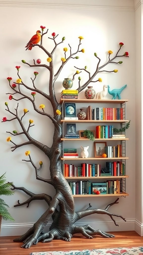 A colorful tree branch bookshelf with books and decorative items.