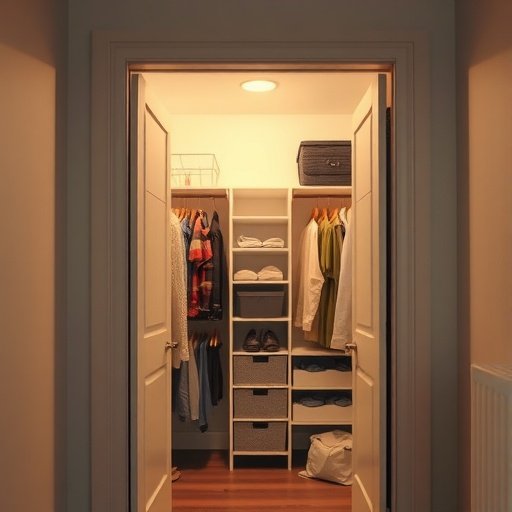 A well-lit closet with shelves and clothing, showcasing motion sensor lights.