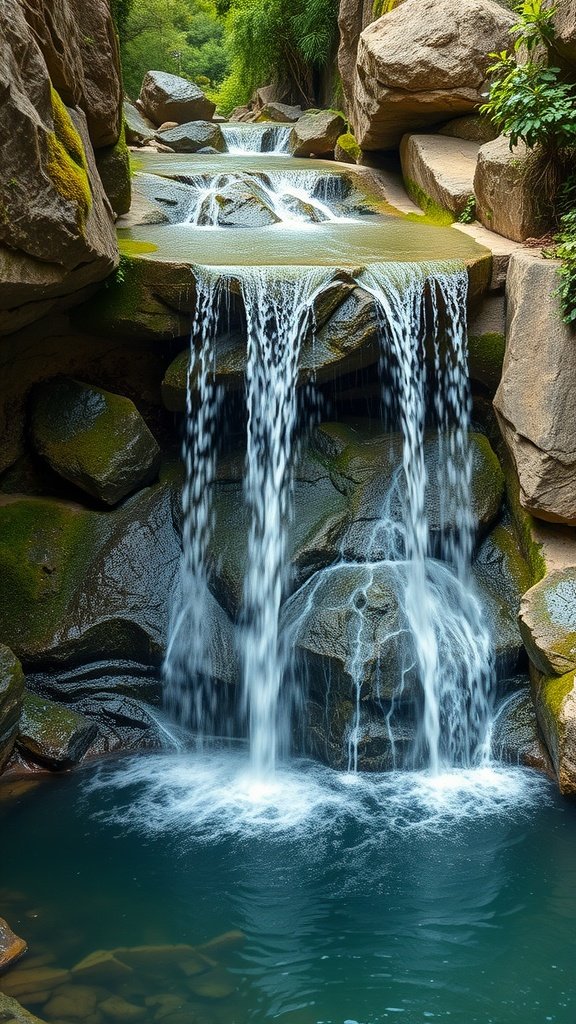 A serene natural stone waterfall flowing into a tranquil pool surrounded by rocks and greenery.
