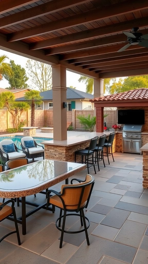 Outdoor kitchen and bar area beside a swimming pool