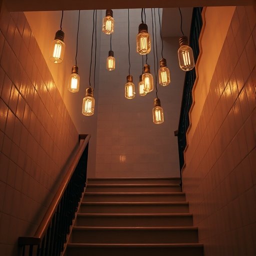 A staircase with an arrangement of pendant lights hanging from the ceiling.