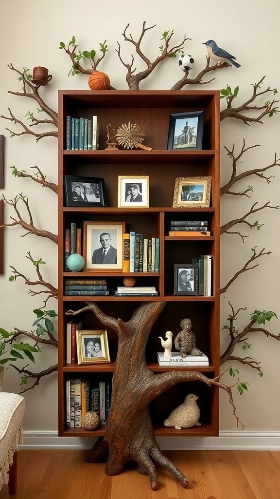 Tree branch bookshelf with books, photos, and decorative items.