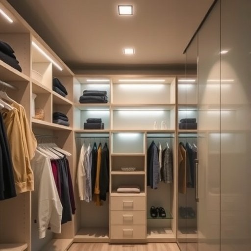 A well-organized closet with recessed LED lighting illuminating the shelves and hanging clothes.