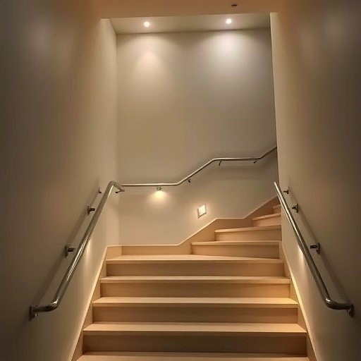 A well-lit staircase with recessed lighting, featuring soft illumination along the walls and steps.