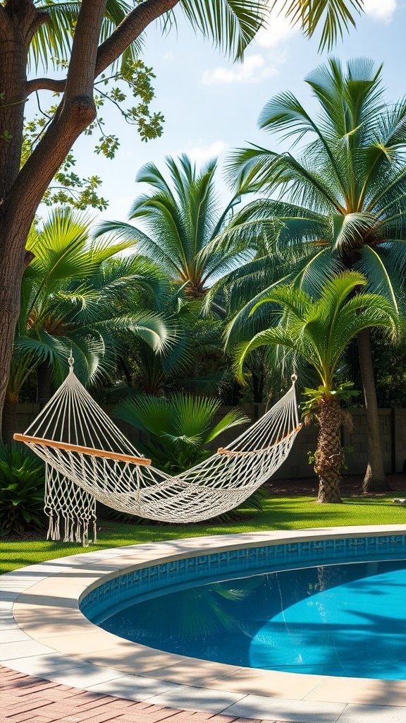 A cozy hammock set between two trees near a pool surrounded by palm trees and lush greenery.