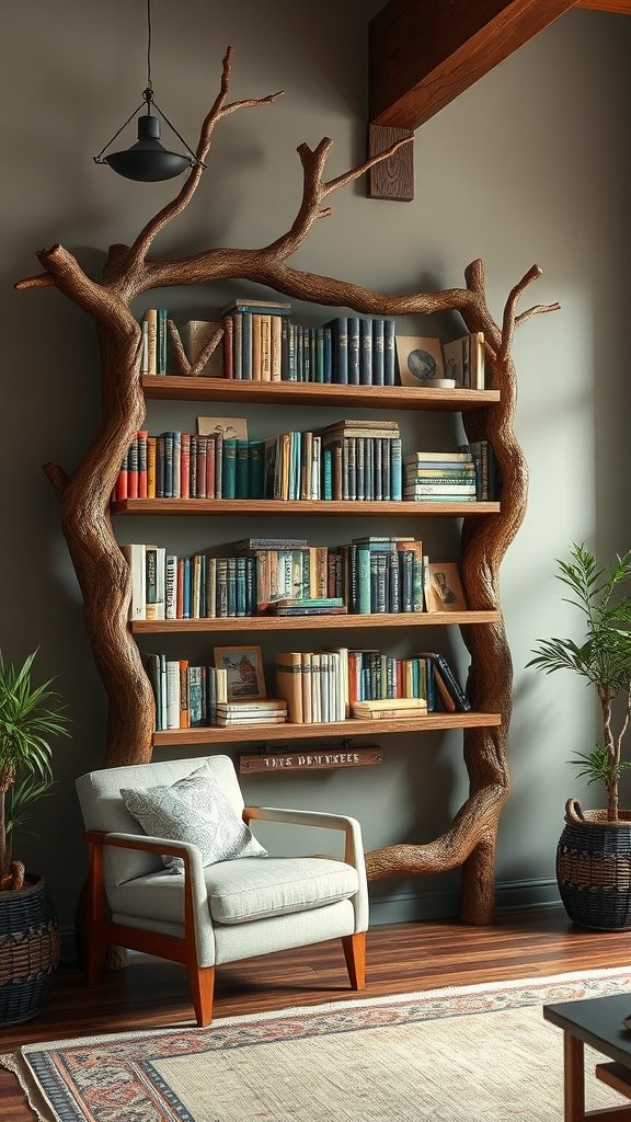 A rustic tree branch bookshelf filled with books, beside a cozy armchair.