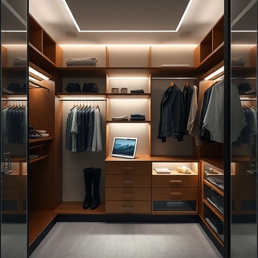 A stylish closet featuring smart lighting and organized shelves.