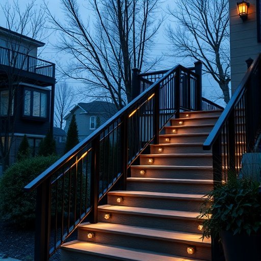 A staircase illuminated with solar-powered lights, surrounded by trees and houses.