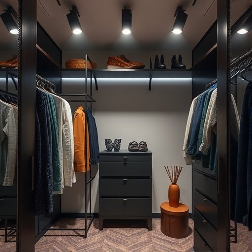 A well-organized closet with spotlights highlighting shoes and accessories.