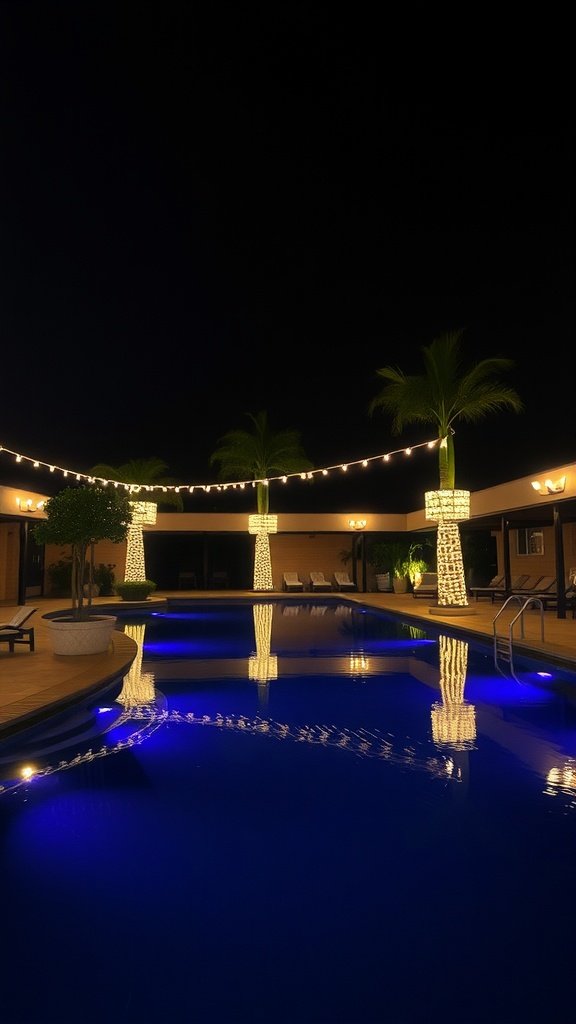 A beautifully lit pool area at night with string lights and blue underwater lighting.