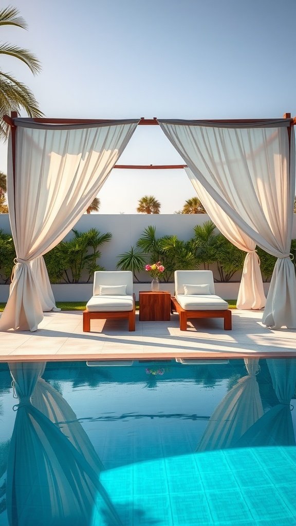 Stylish poolside cabana with lounge chairs and flowing curtains next to a pool