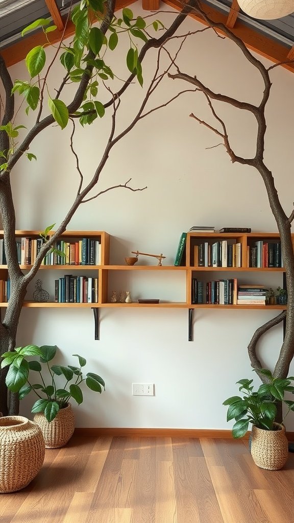 A cozy living space featuring a tree branch bookshelf adorned with books and plants.