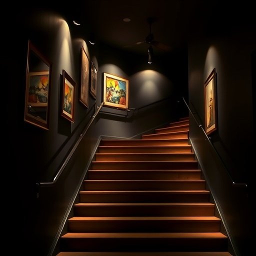 A staircase with track lighting illuminating artwork on the walls.
