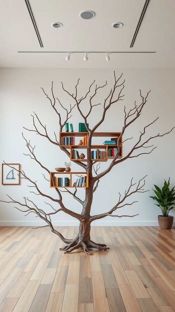 A tree branch bookshelf with books and decorative items arranged on it, set in a modern interior.