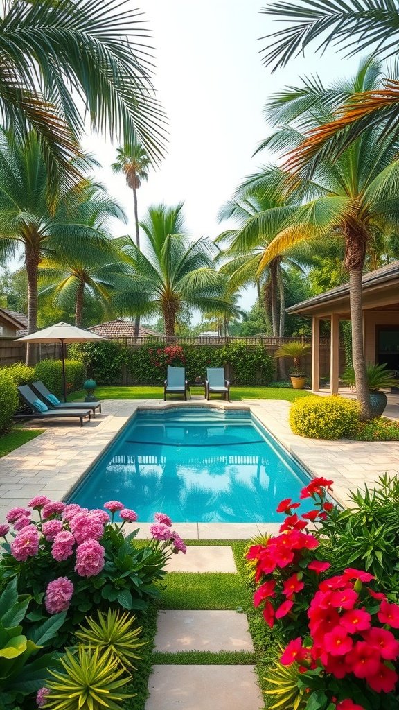A tropical backyard with a pool, surrounded by lush palm trees and colorful flowers.