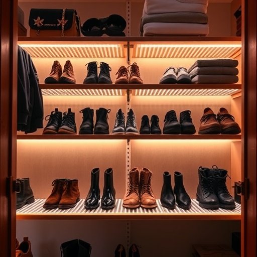 A well-organized closet with under-shelf lighting illuminating various pairs of shoes and folded clothes.