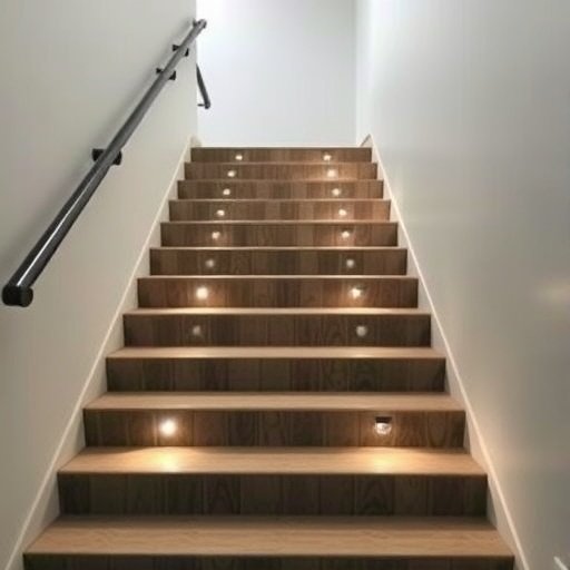 Staircase with under-step lighting illuminating the stairs.
