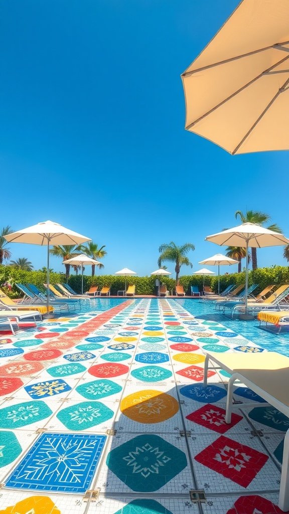 Colorful tiled pool deck with umbrellas and lounge chairs