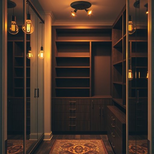 A cozy closet with vintage-style bulbs hanging from the ceiling, providing warm lighting.