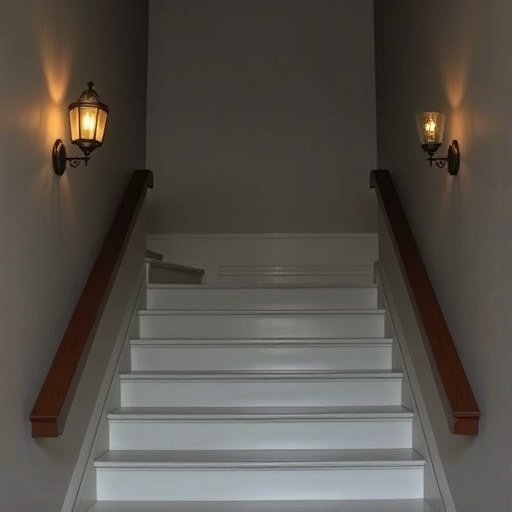 Wall sconces lighting on either side of a staircase