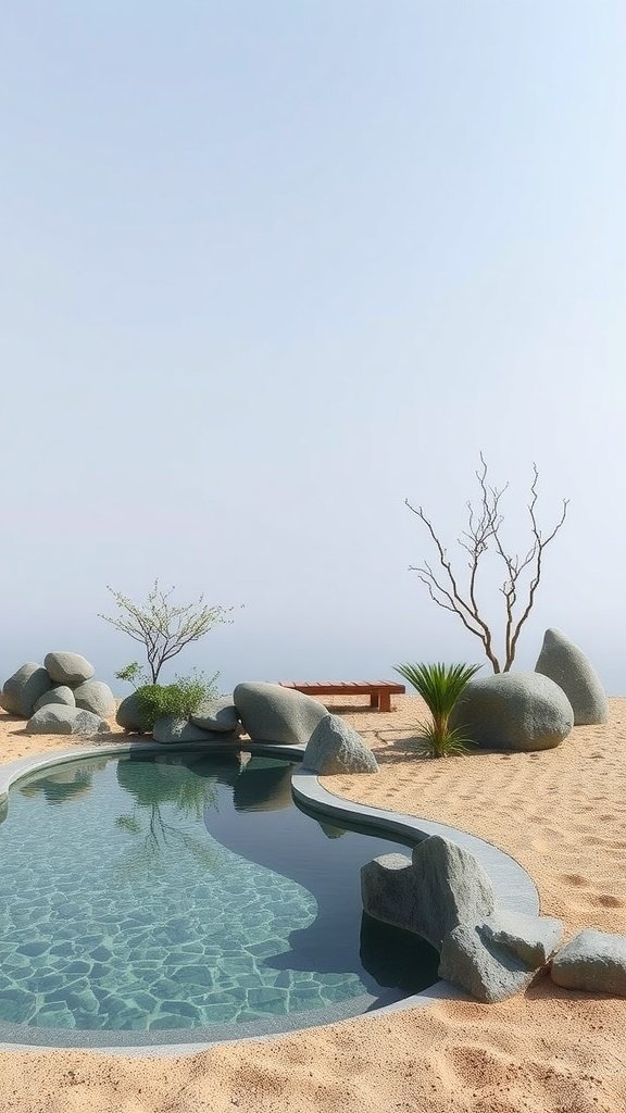 A tranquil pool surrounded by natural stones, sparse plants, and sandy ground