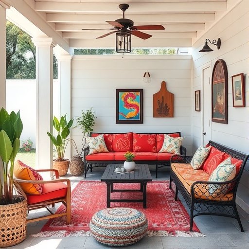 A bright and colorful outdoor patio seating area with red cushions, patterned pillows, and plants.