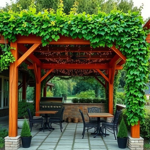 Outdoor patio with a wooden pergola covered in vines and string lights.