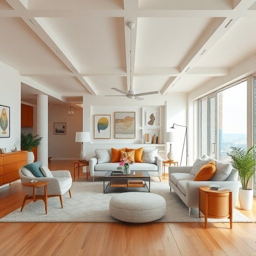 A bright open-concept living room featuring a neutral color palette with pops of orange and green.