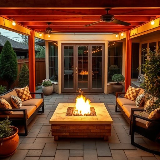 Cozy outdoor fire pit lounge with comfortable seating and warm lighting
