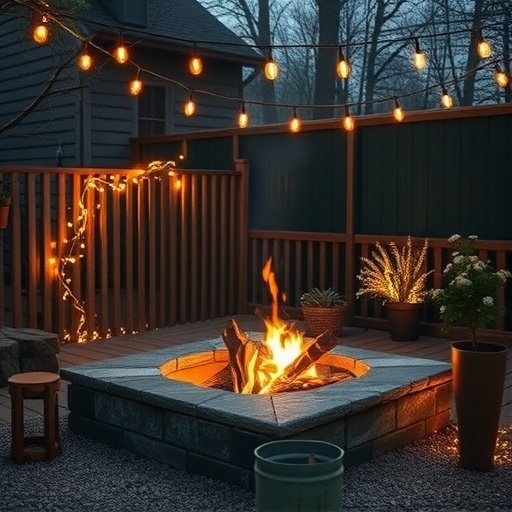 A cozy backyard fire pit illuminated by fairy lights, creating a warm and inviting atmosphere.