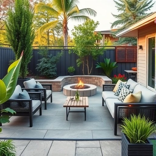 A cozy outdoor living area with seating around a fire pit, surrounded by plants and trees.
