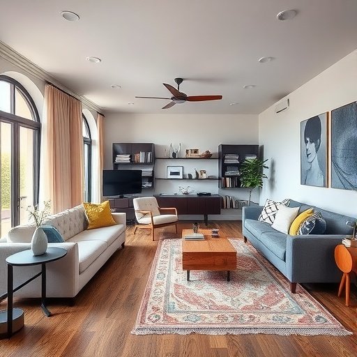 A bright open-concept living room with distinct zones for seating and entertainment.