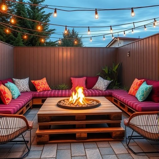 A backyard fire pit area with seating made from pallets and colorful cushions, illuminated by string lights.